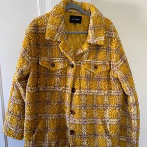 Anthropologie Driftwood Women's Mustard Yellow Plaid Jenny Sherpa Coat